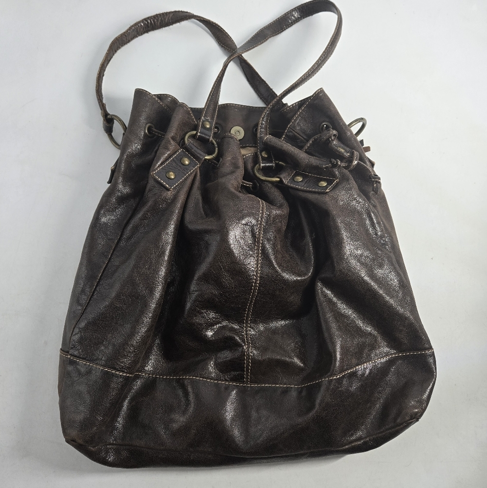 Marco Buggiani Brown Leather Drawstring Tote Bag - image 6